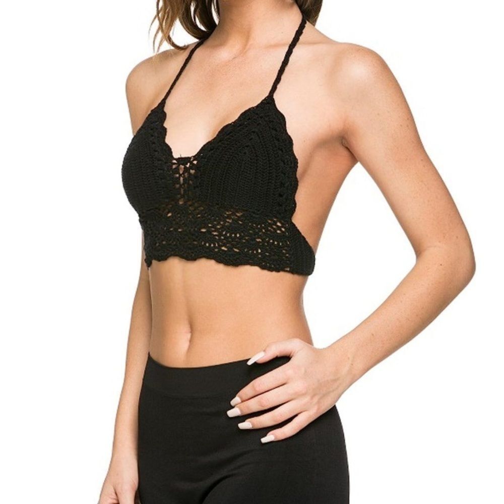 Anemone Black Halter Crochet Cropped Top